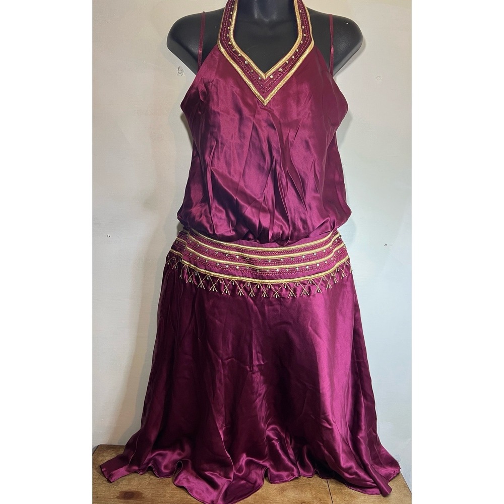 Vtg 80s 100% Silk SHELL Yves Collette Dress Red Beaded Embroidered Whimsigoth 10